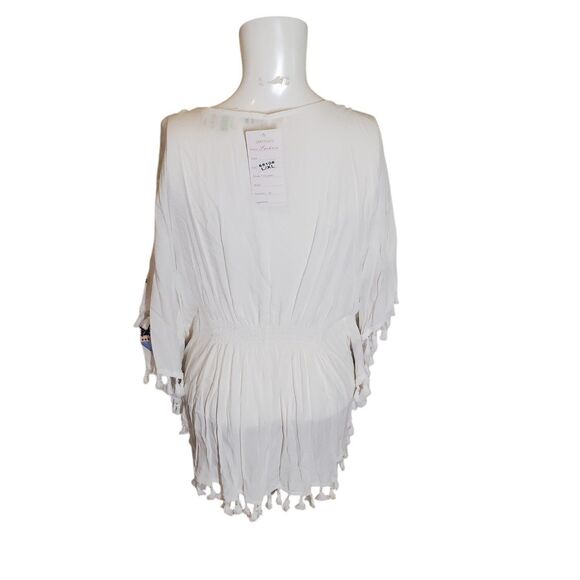 Boho Embroidered Tunic Top Bat Wing Smocked Peasant Top Fringe White Sz L NEW - Picture 9 of 11